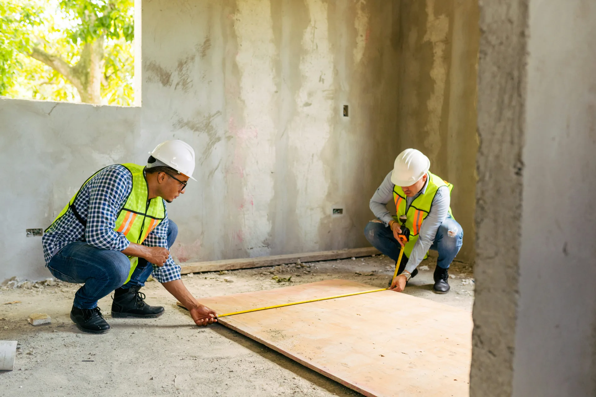 crew measuring a basement subfloor before a concrete pour in Pittsburgh