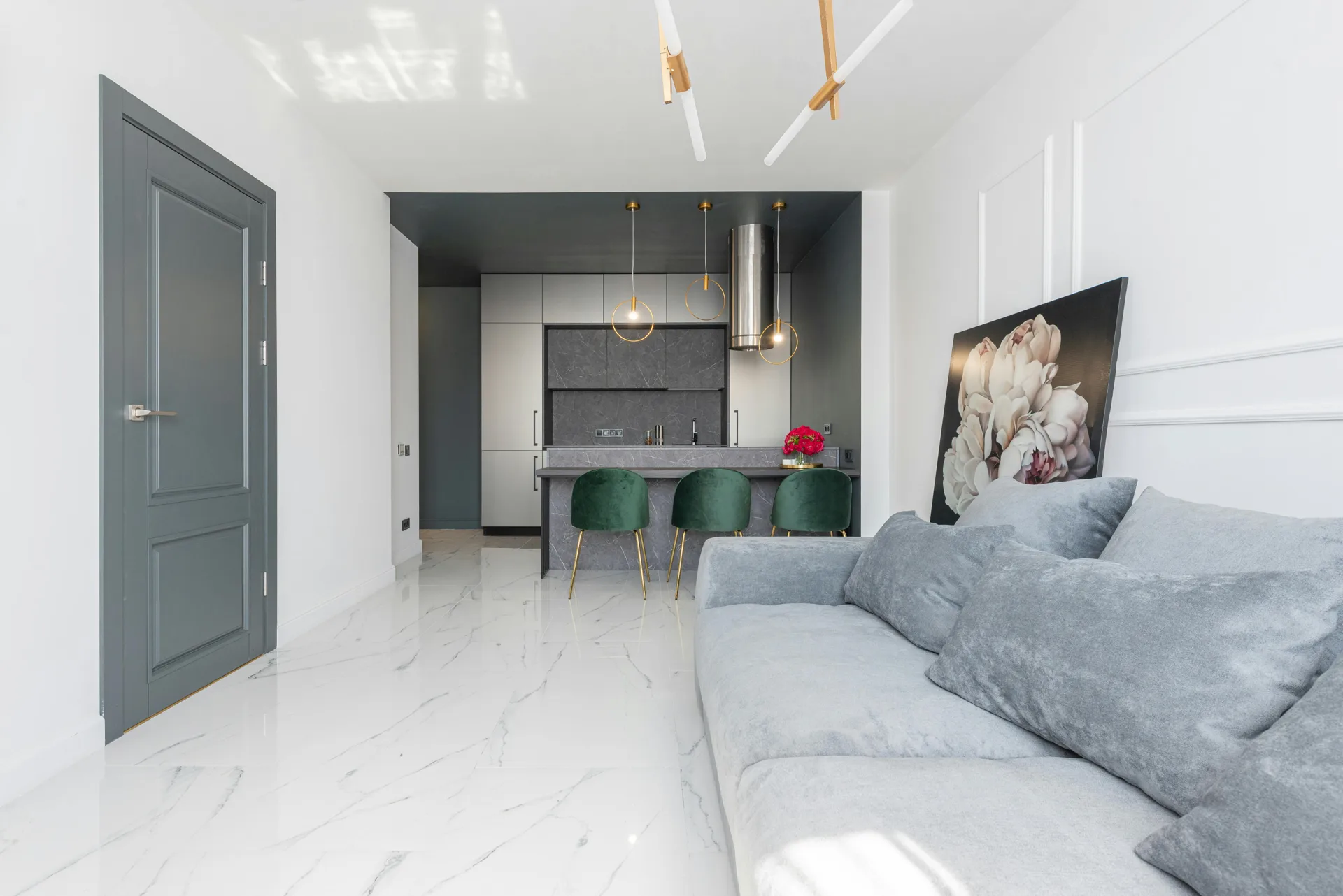 polished stone floor over a Laticrete underlayment in a Pittsburgh home